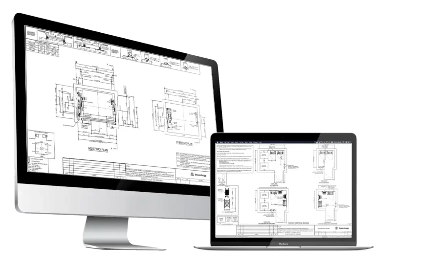 
Two computer screens show technical drawings from TK Elevator's Plan and Design tool.
