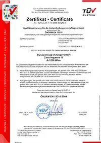 TÜV Zertifikat EN 13015 ISO 9001