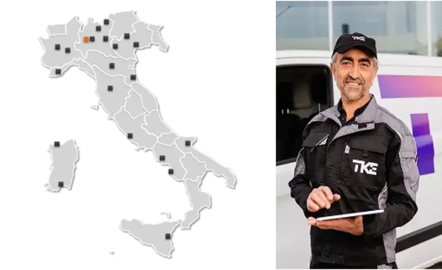 
Una mappa delle filiali TKE e un tecnico manutentore
