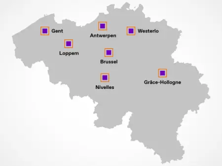 Kaart met alle TKE-vestigingen in België