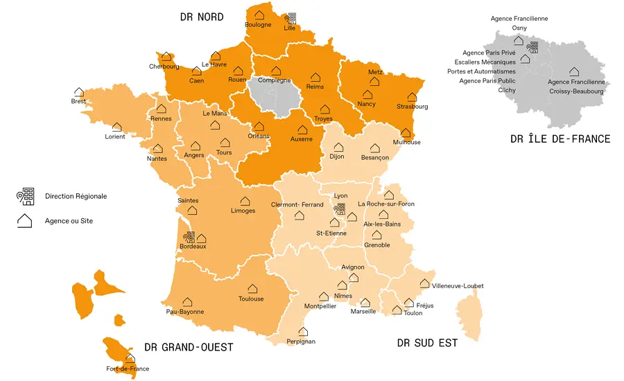 
Une carte des agences TKE et un technicien de service
