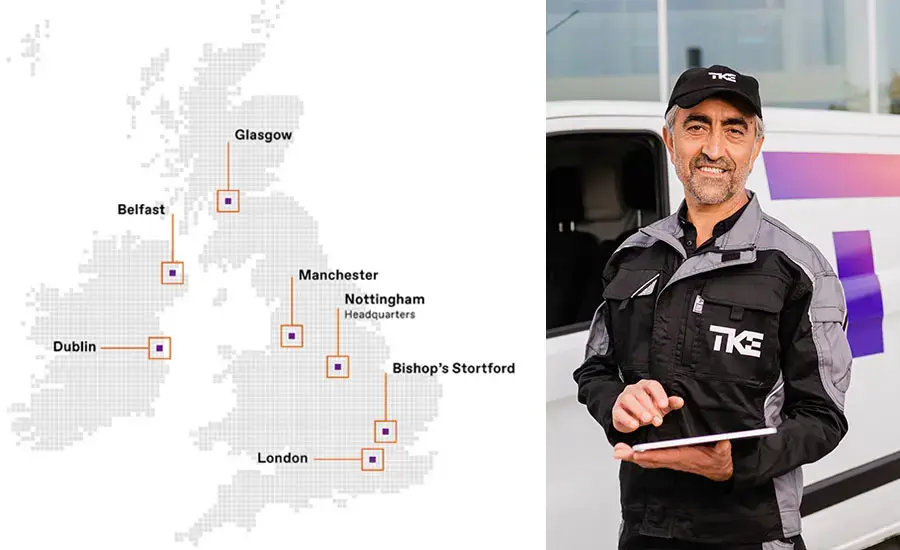 
A MAP of TKE branches in UK and a service technician
