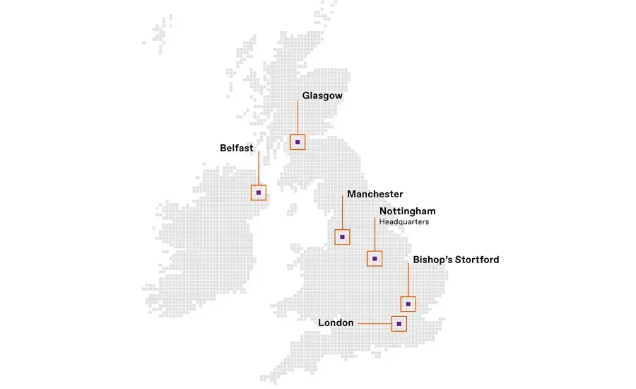 
A MAP of TKE branches in UK and a service technician
