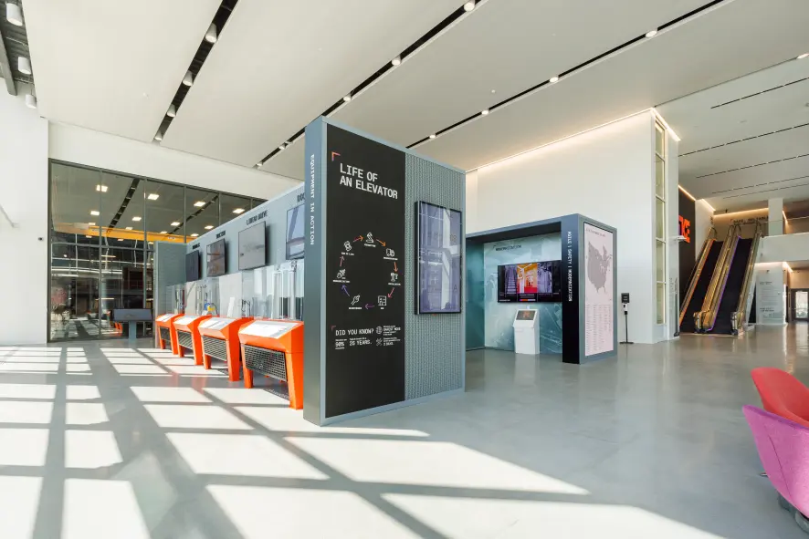 A shot of the showroom picturing product models and a diagram of the life of an elevator.