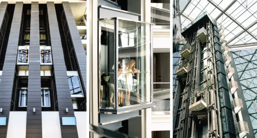 Exposed elevators within buildings