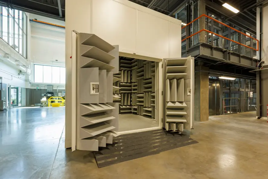 The anechoic chamber found inside the IQC pictured from the outside with the doors open.