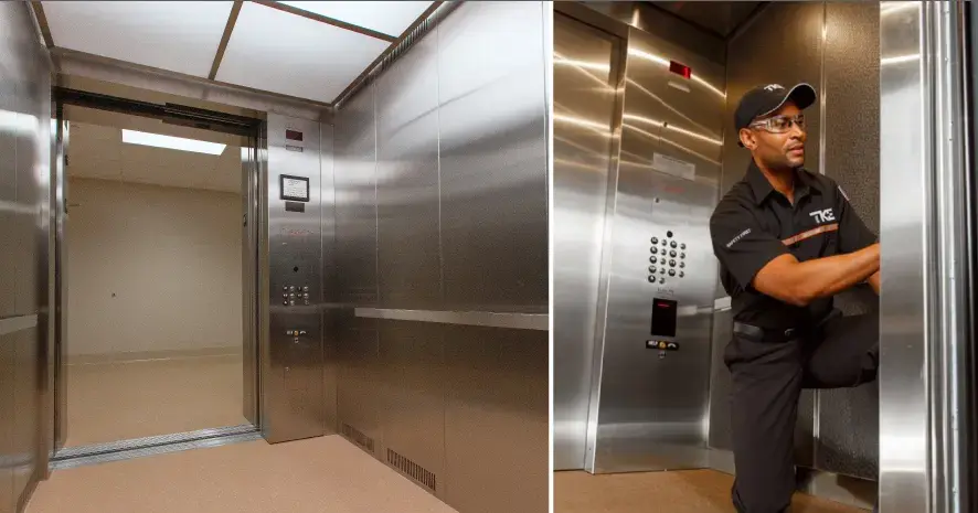 two photos of a double-sided elevator, one with the elevator in use.