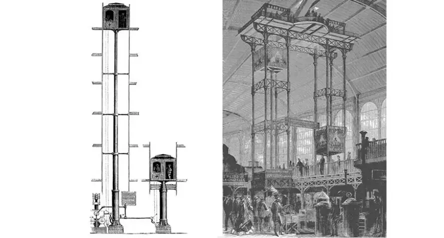 Two illustrations - one of a Thursby elevator in the 1870s and another of Léon Édoux's 1867 hydraulic elevator.