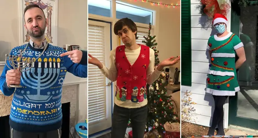 Three examples of holiday sweater contest entrants