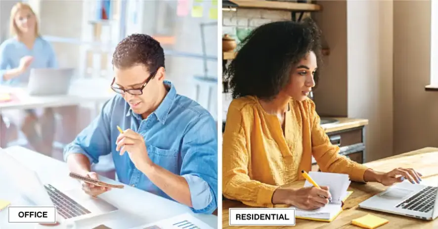 An image of two employees—one working in the office and one at home