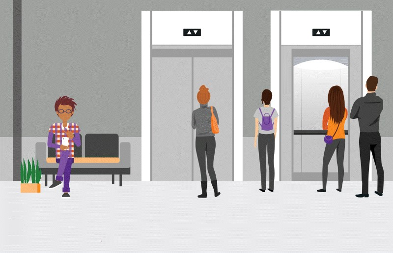 A gif depicting a man aging 58 years as he waits for an elevator.
