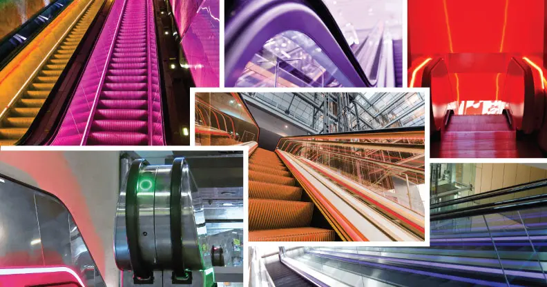A collage of escalators of various colors