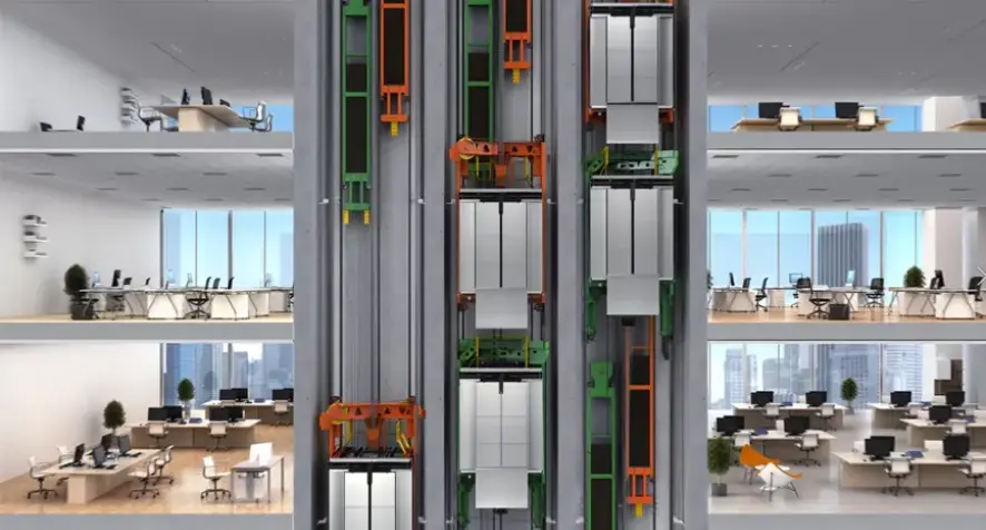 A cross-section of a building showing TWIN cabs functioning in the hoistway