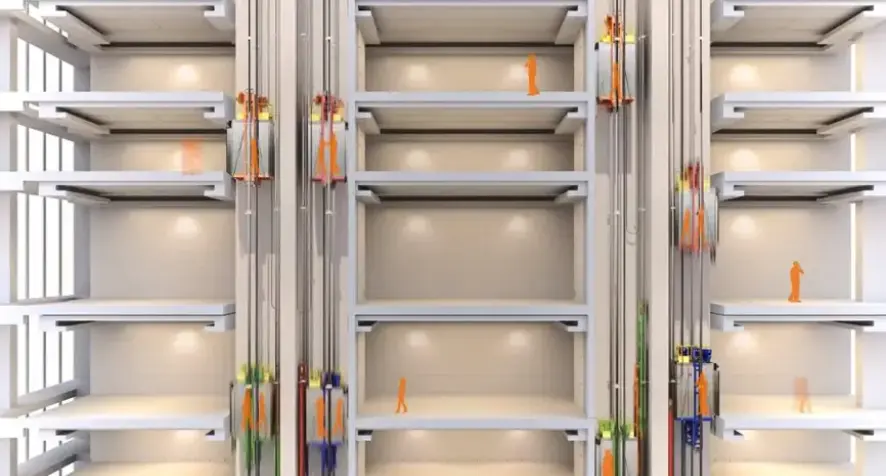 A video still showing TWIN cabs functioning in a building
