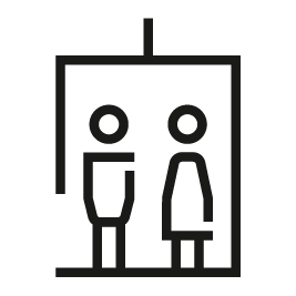 An icon of an open elevator with two passengers inside. 
