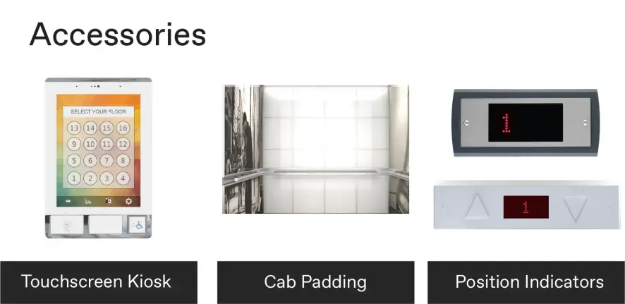 Accessories module image showing position indicators, cab padding and touchscreen kiosks.