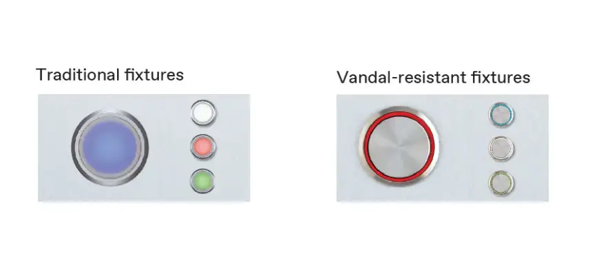 Diagrams of traditional and vandal-resistant elevator fixture modules