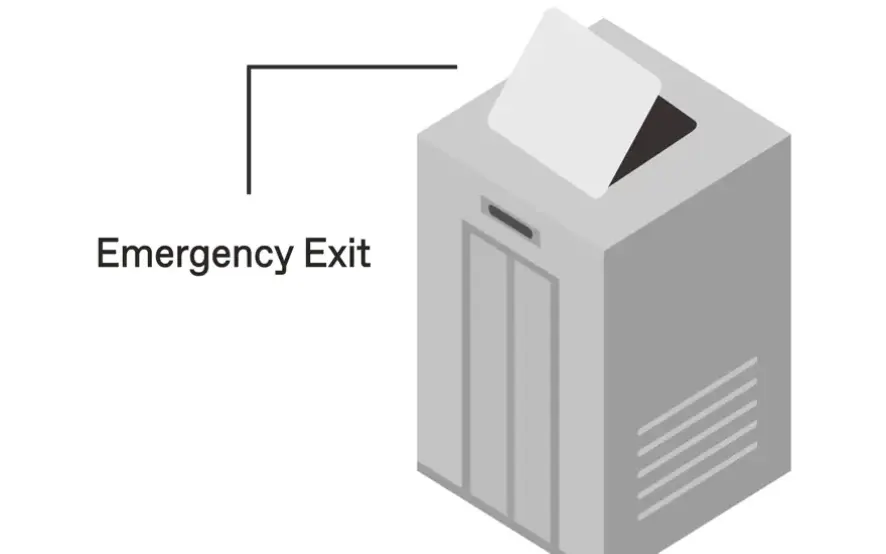 An illustrated elevator cab with the emergency exit open on the roof.