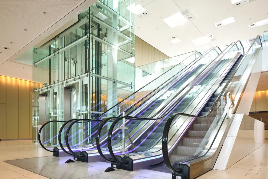 A photo of an esclator at the TK Elevator HQ in Essen, Germany