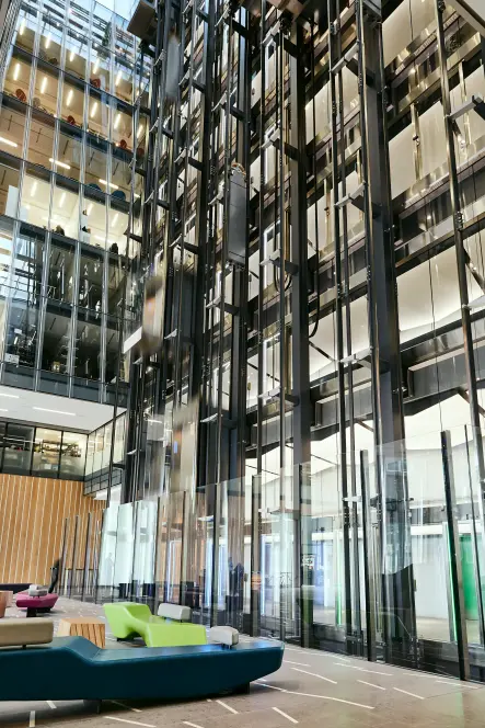 A photo of the elevators from building lobby.