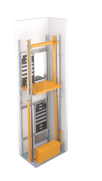 A graphic depicting a machine room-less hydraulic elevator