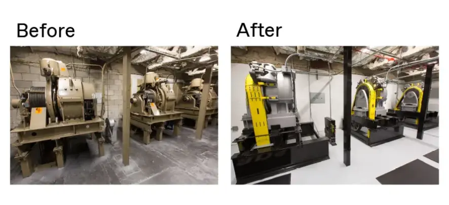 Before and after photos of a geared traction system.