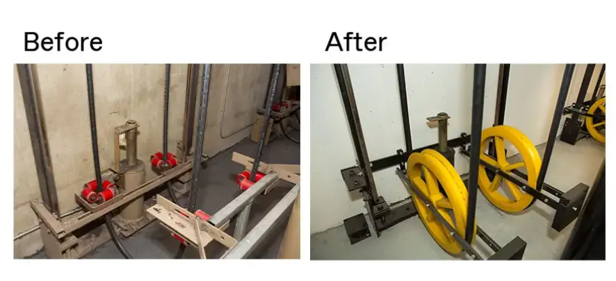 A before and after photo series of a traction system