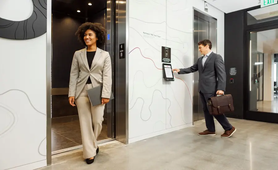 
A passenger calling an elevator by using AGILE, TK Elevator's destination dispatch solution.
